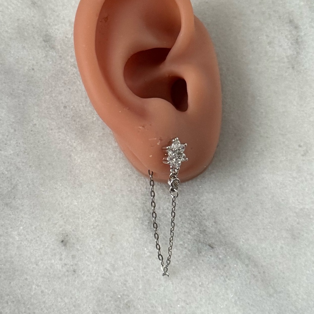Sterling Silver Flower Crystal Long Chain Jacket Huggie Earrings 

Brand New